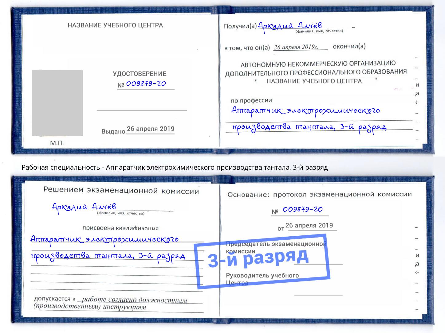 корочка 3-й разряд Аппаратчик электрохимического производства тантала Смоленск